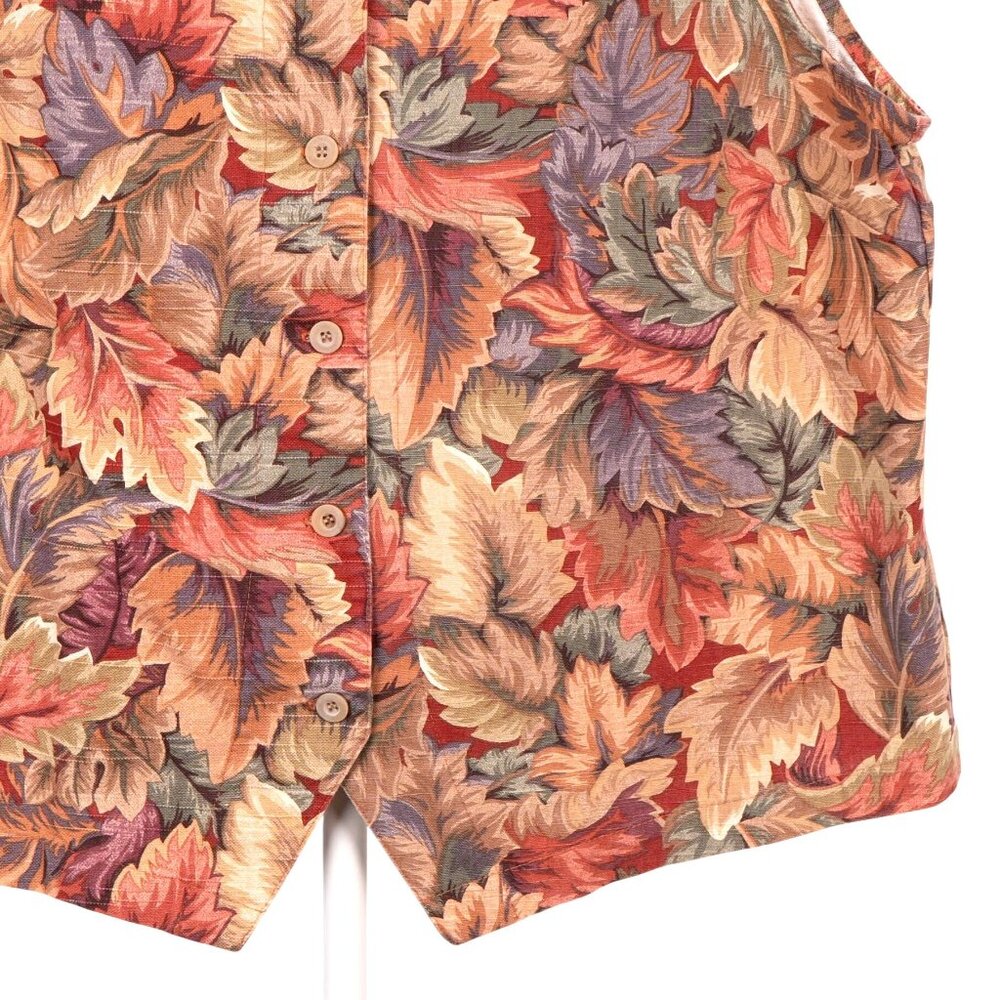 VTG Fall Leaf Print Button Up Vest L Womens Earthy Knit Mandarin Collar Boho - Picture 3 of 5